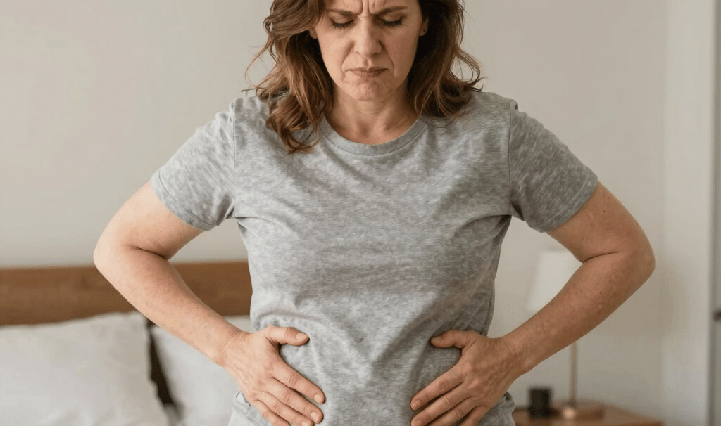 American woman determined to burn belly fat and reduce stomach fat naturally with doctor-guided GLP-