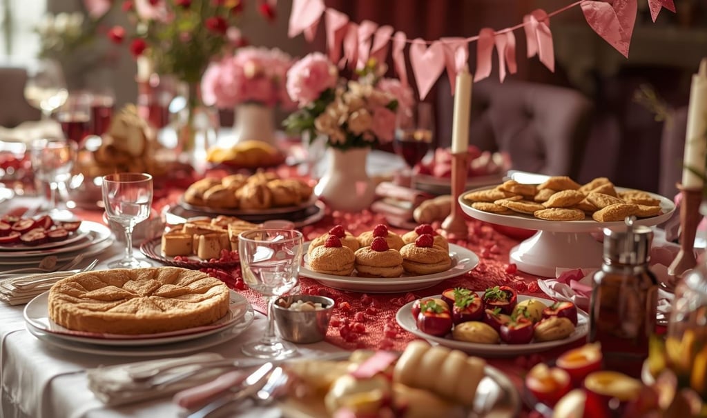 Colorful Valentine’s brunch spread with pancakes, pastries, avocado toast, and mimosas arranged on a