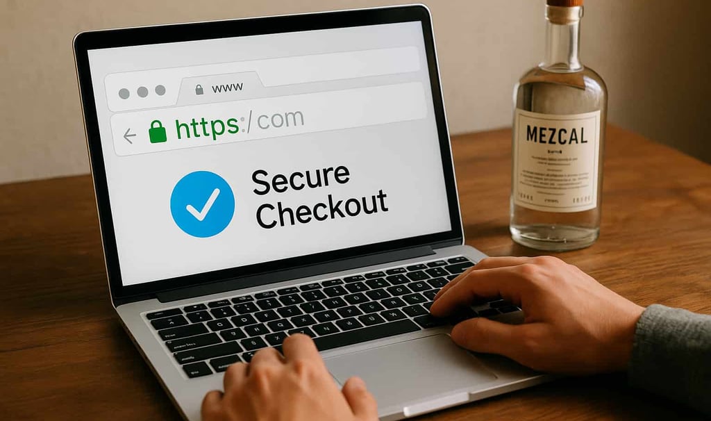 Persona comprando mezcal auténtico en laptop con indicadores de seguridad