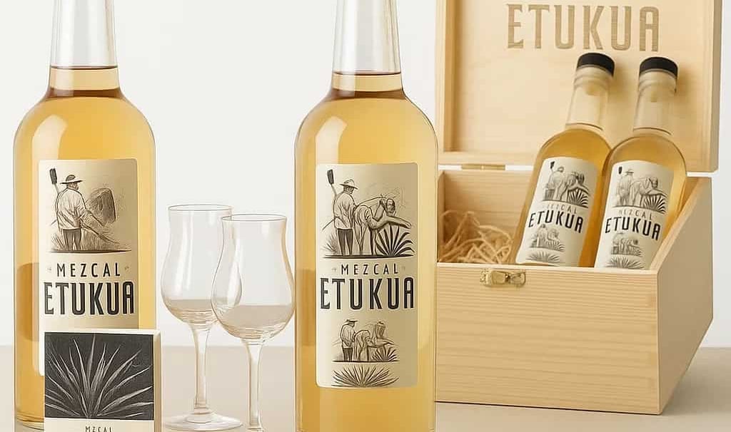 Tres paquetes promocionales de mezcal Etukua elegantemente displayados mostrando diferentes combinac