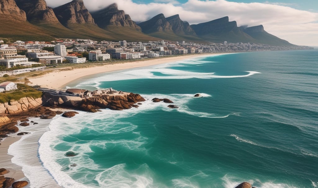Table mountain framed by a yellow structure in cape town.