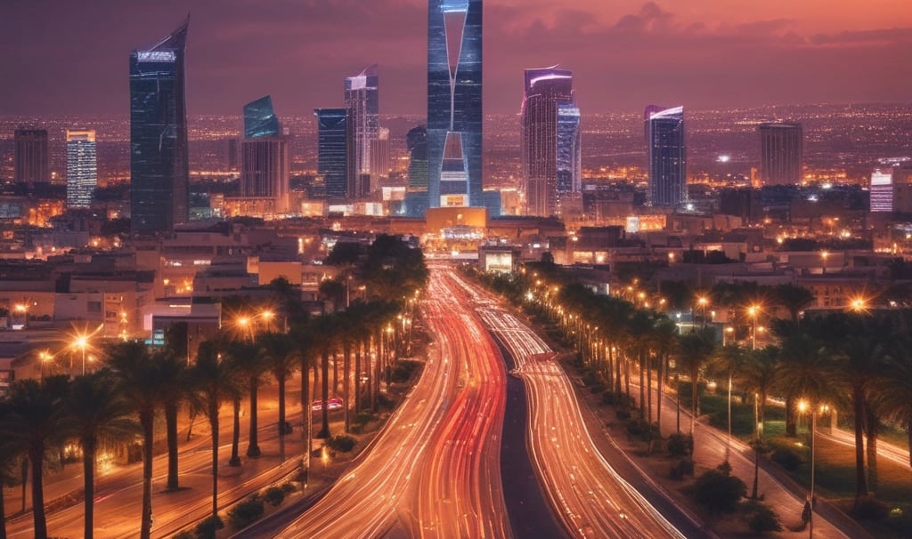 A view of a highway with cars and buildings in the background