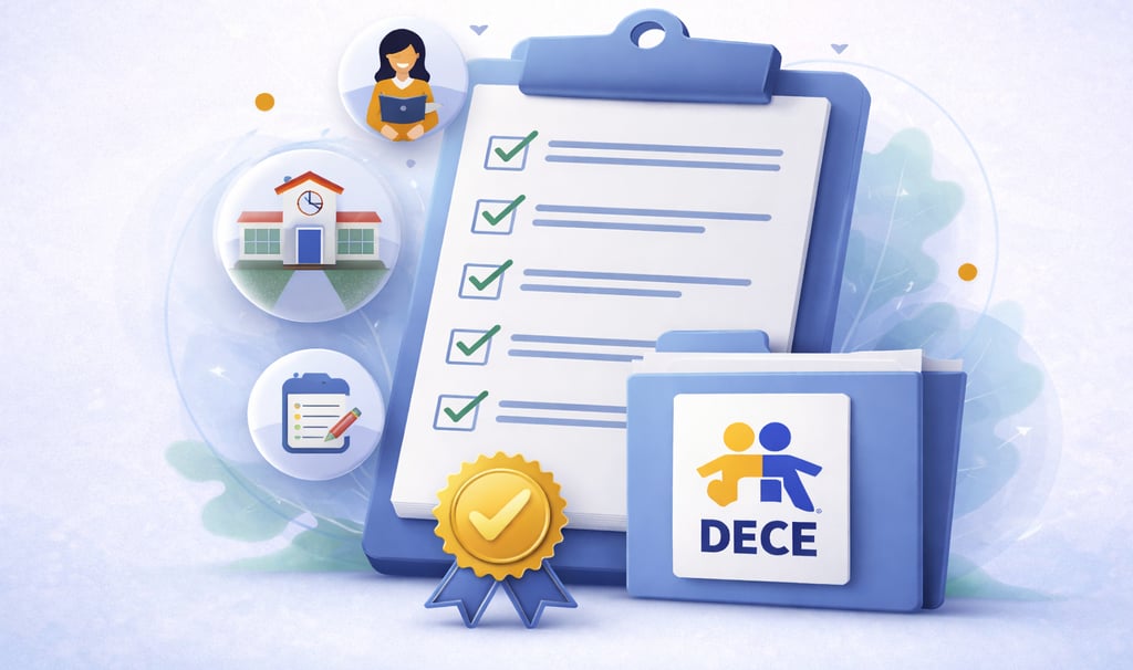  un portapapeles con lista de verificación y carpeta DECE, representando estándares educativos en una institución