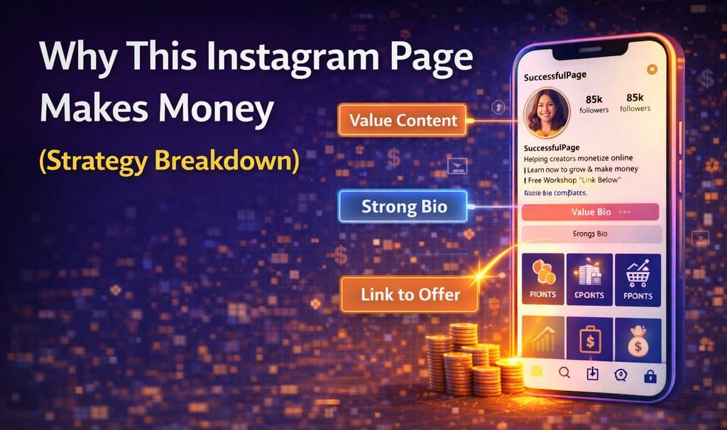 Instagram page strategy breakdown showing how to monetize with content, a strong bio, and links to offers.