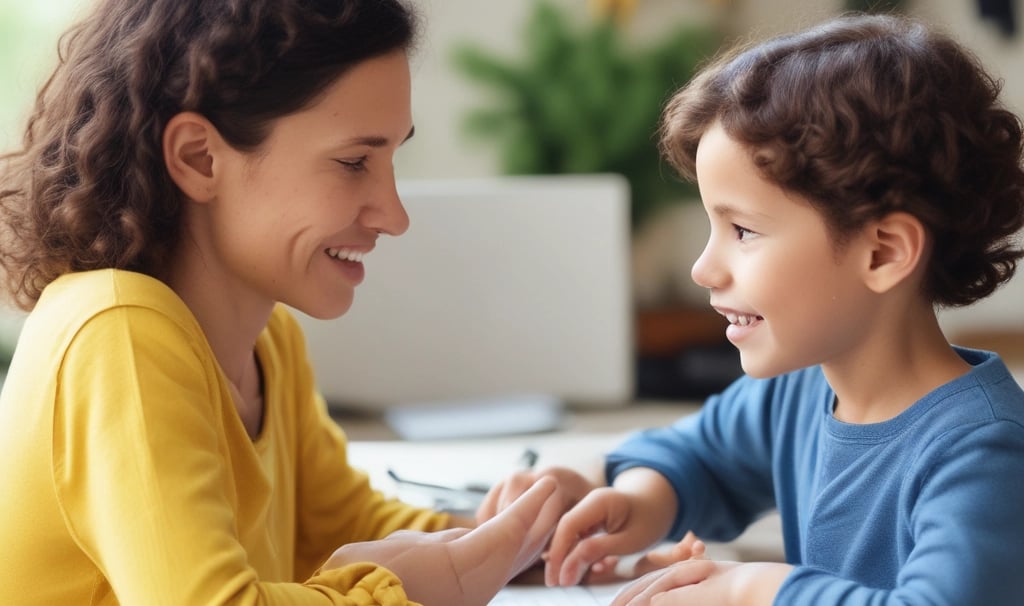 Smiling mother and young son learning together on a laptop computer at home.