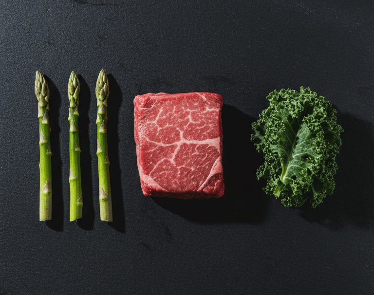 Raw wagyu beef steak with fresh green asparagus and kale on a dark stone background.