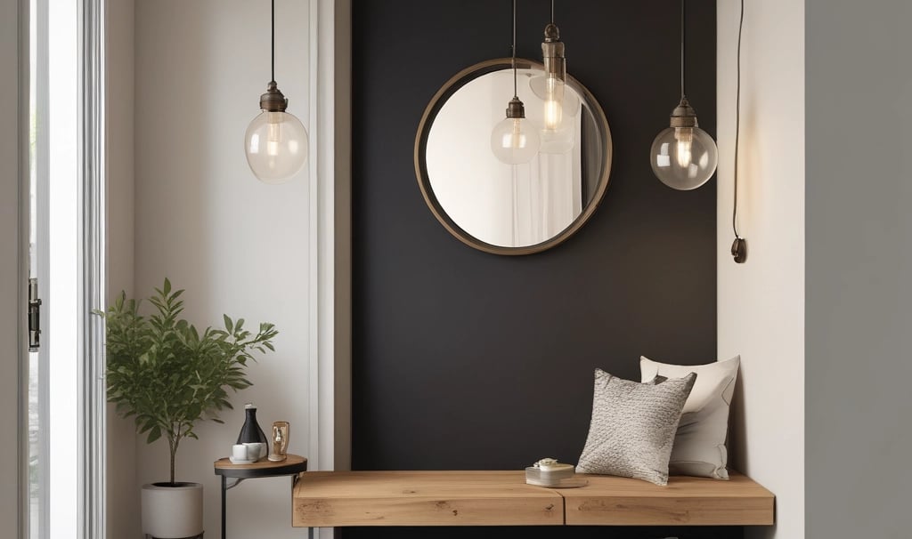 Dog stands before ornate wooden doors decorated for christmas.