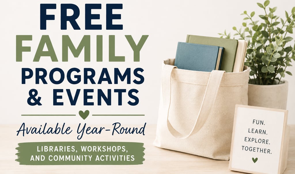 Minimalist feature image for free family programs and events available year-round, including librari