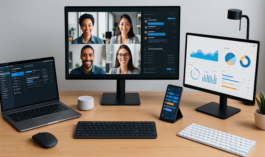 Estação de trabalho remota moderna com três monitores, notebook, smartphone, teclados, mouse e acess