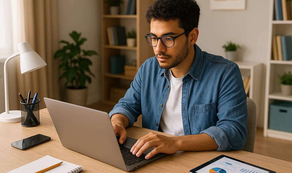 Pessoa trabalhando com tecnologia em casa, usando notebook e ferramentas digitais, representando com