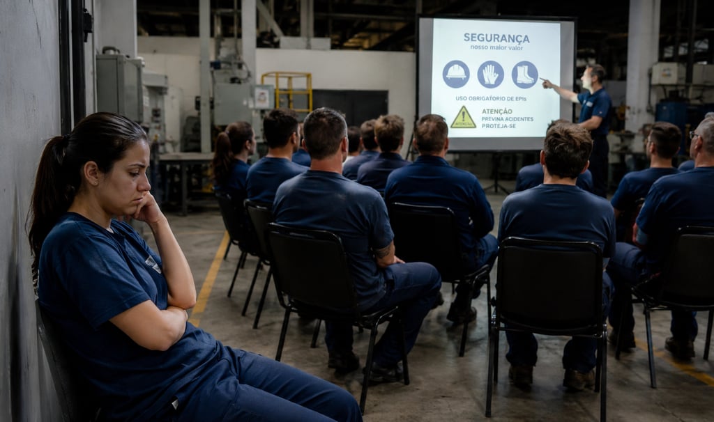 funcionários da fabrica recebendo treinamento de segurança uma funcionaria surda sem entender nada