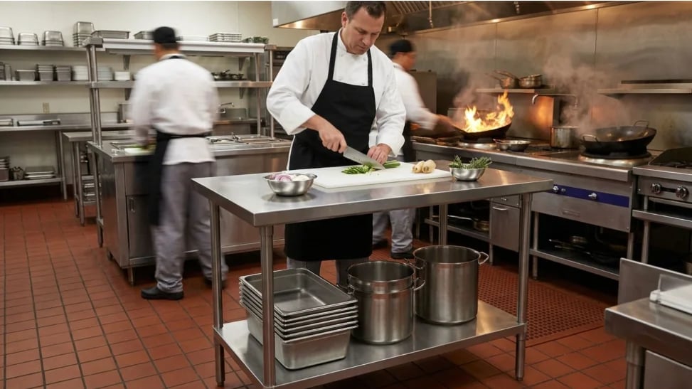 Chef prepping food on a heavy duty stainless steel bench.