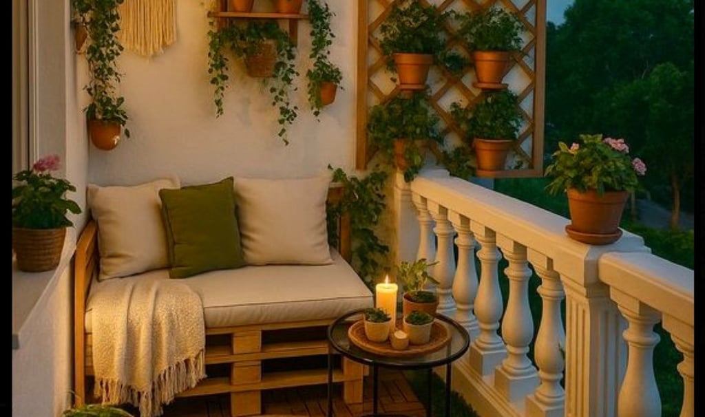 a balcony space design with wooden pallets, with a couch and a rug and planters