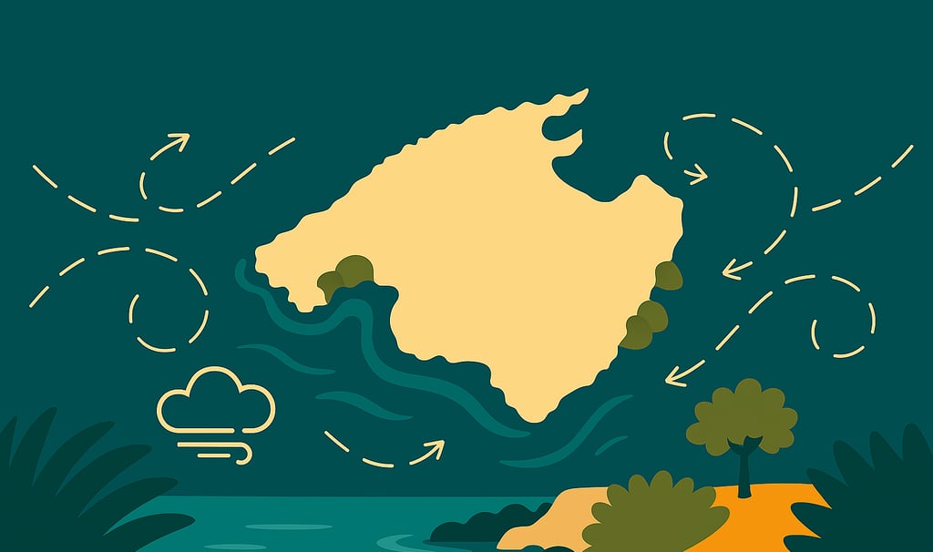 Cala riparata a Maiorca con acqua turchese e scogliere, illustrazione minimalista di Maiorca Unlocked