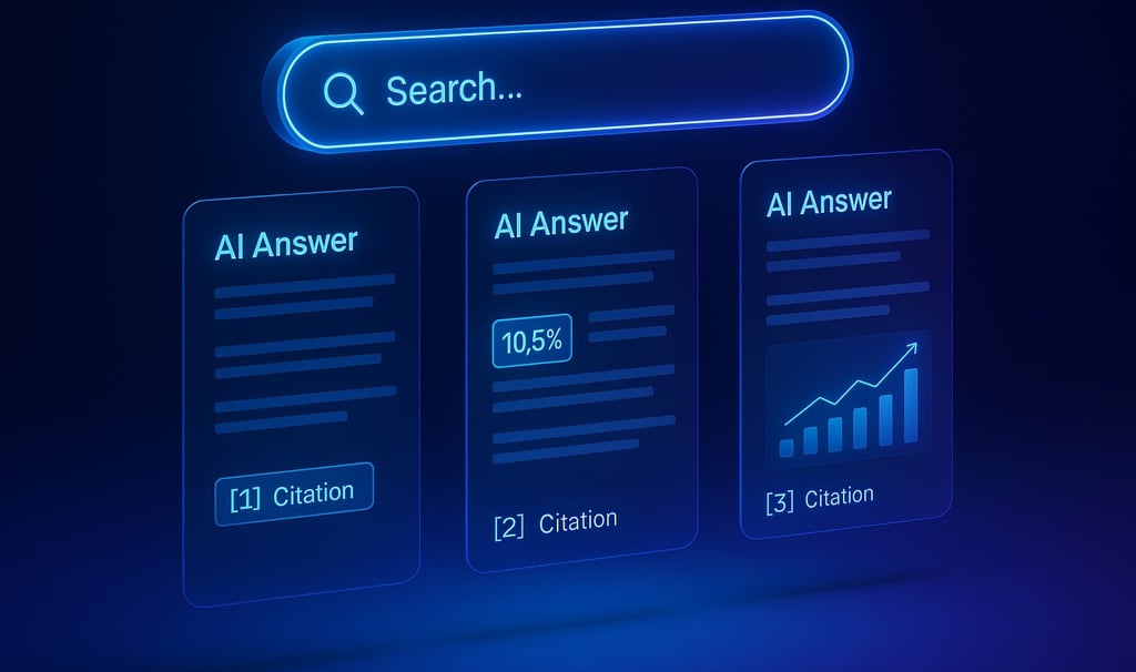 Modern AI search interface with glowing blue cards showing AI-generated answers