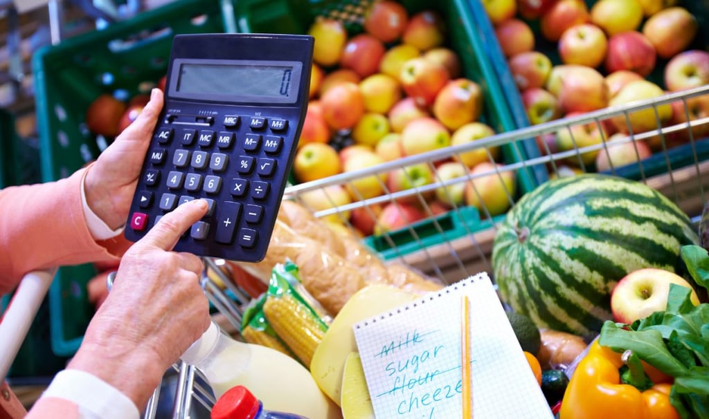 imagem mostra uma pessoa usando uma calculadora para somar o preços dos alimentos que estão caros
