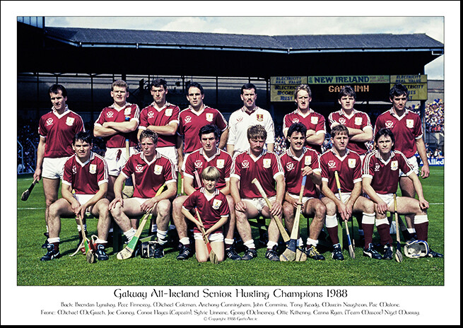 The 1988 Galway All-Ireland Senior Hurling Champions team portrait posing on the pitch with hurley sticks.