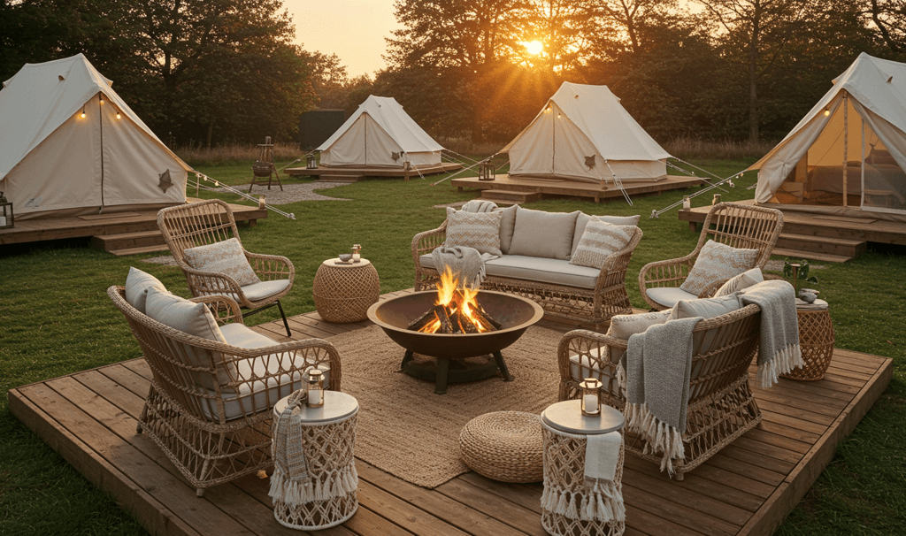 Luxury glamping site with firepit on top of a platform and comfortable outdoor furniture and tents