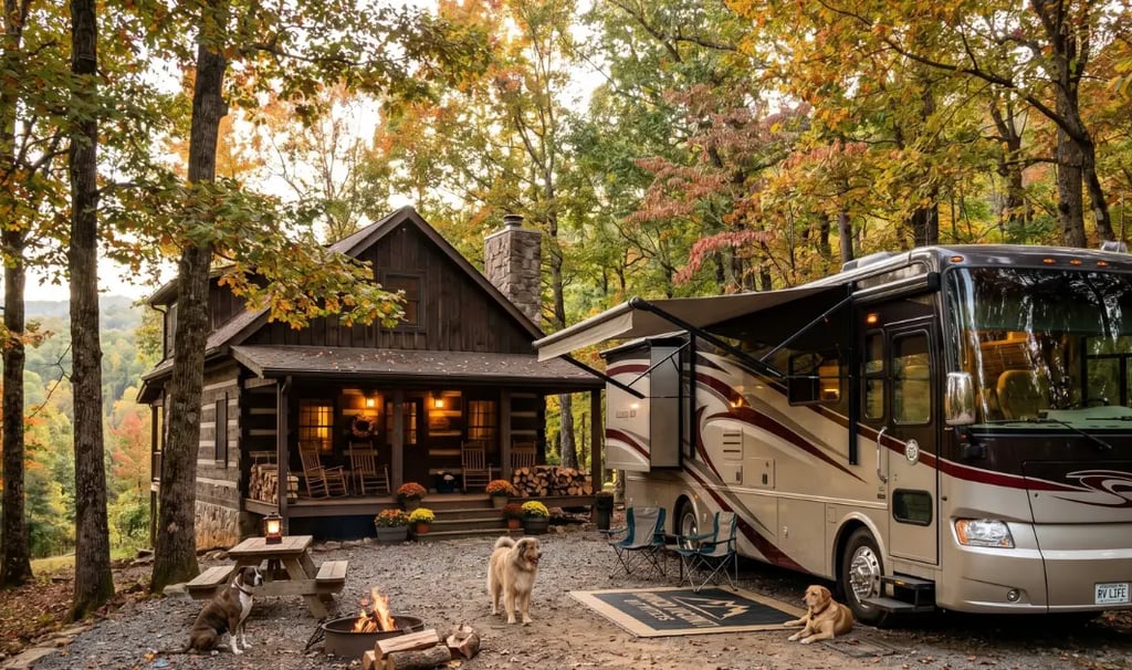 Two dogs relaxing outside a lit log cabin with a Class A motorhome parked nearby in fall foliage — H