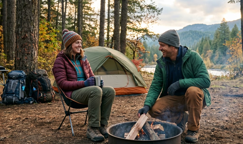 Couple in layered outdoor clothing at a fall campfire showing RV trip packing essentials — Horacio &