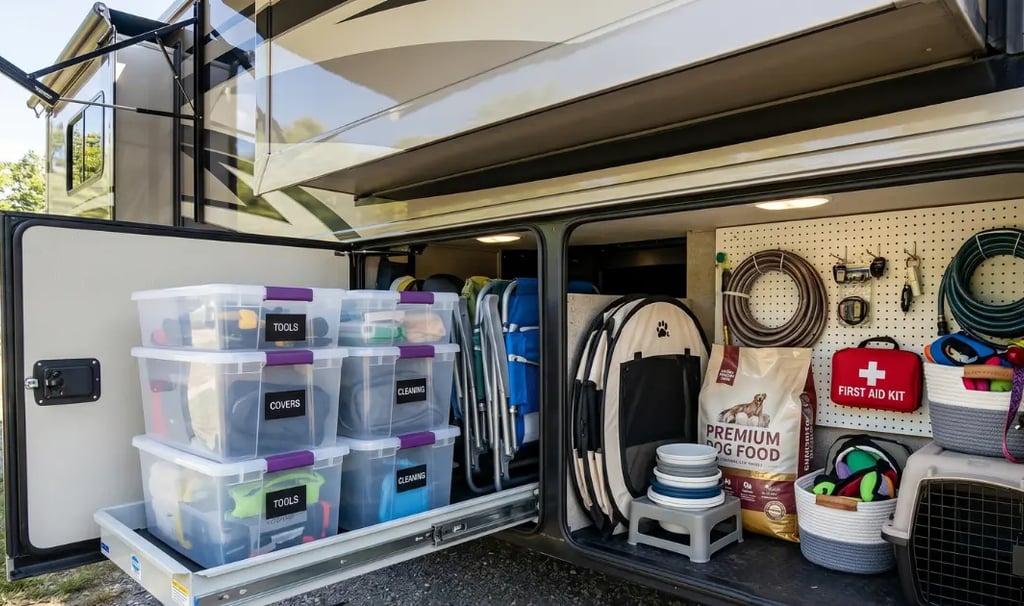 Organized RV storage bay packed with gear, dog food, and camping essentials for a cabin road trip —
