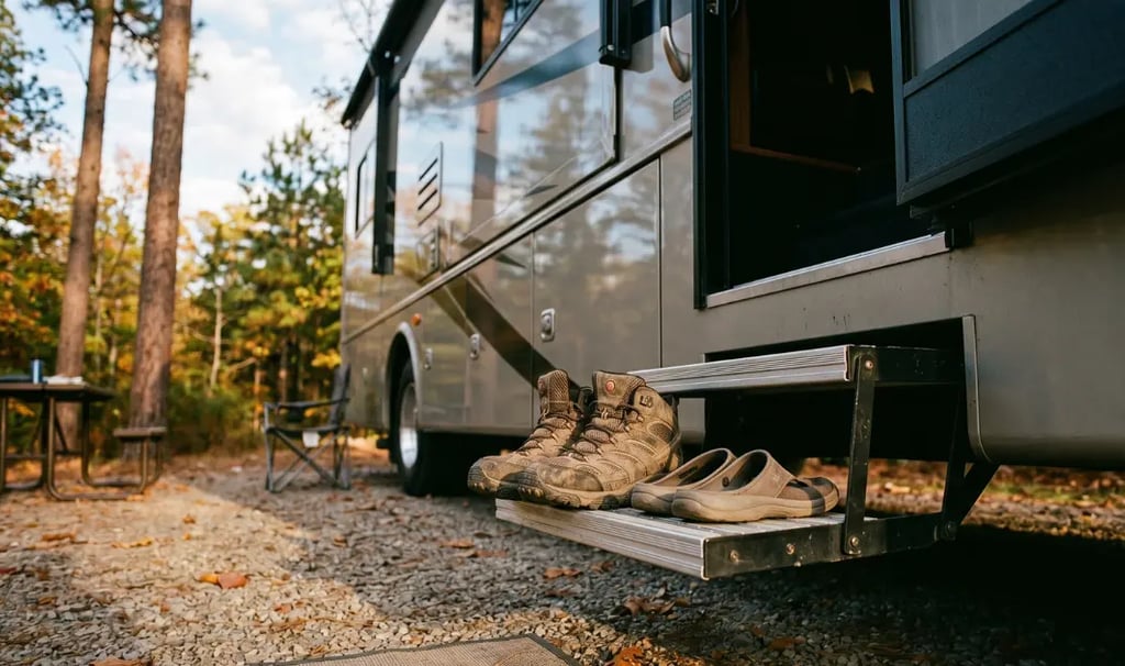 Hiking boots and camp shoes on RV entry step at a fall campsite — Horacio & Visconti