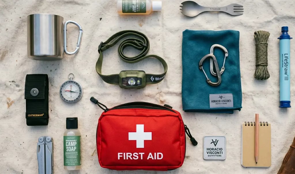 Flat lay of essential RV camping gear including headlamp, first aid kit, quick-dry towel, and camp s