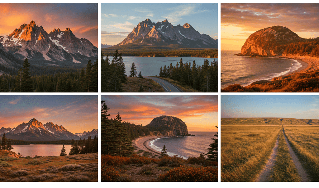 Mountains, lake, grass field, ocean views of US scenic National Parks