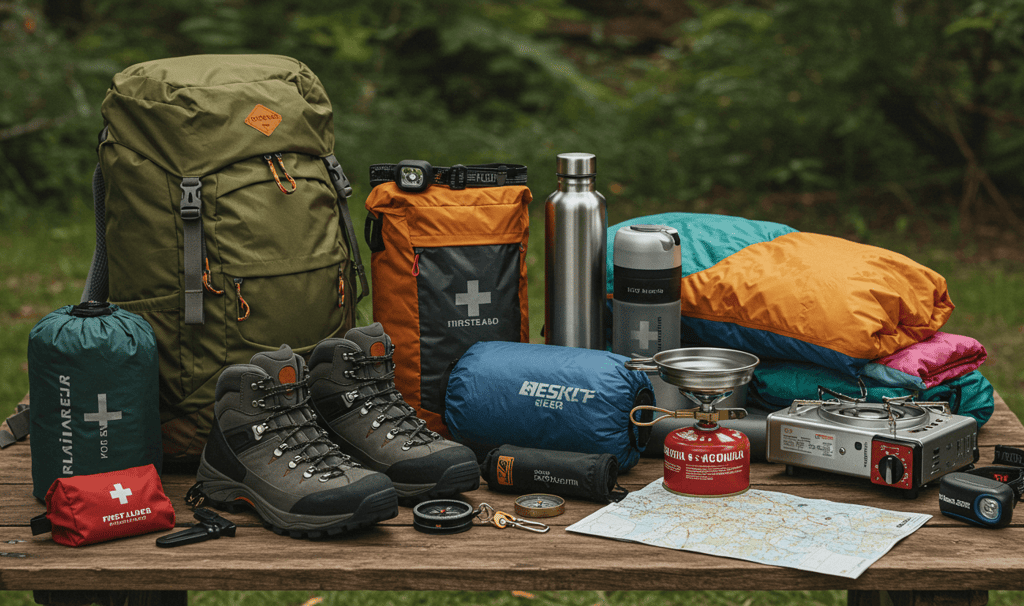 An open backpack meticulously organized with lightweight clothing, camping gear, and packing cubes,