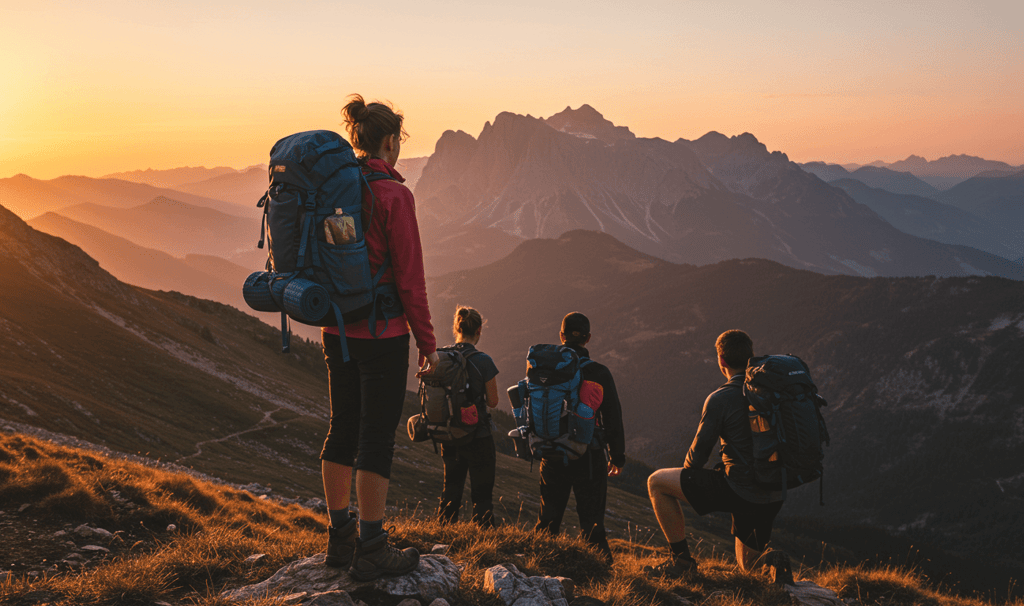 Hiker stands on a mountain peak at sunset, wearing a backpack and sturdy hiking boots, showcasing