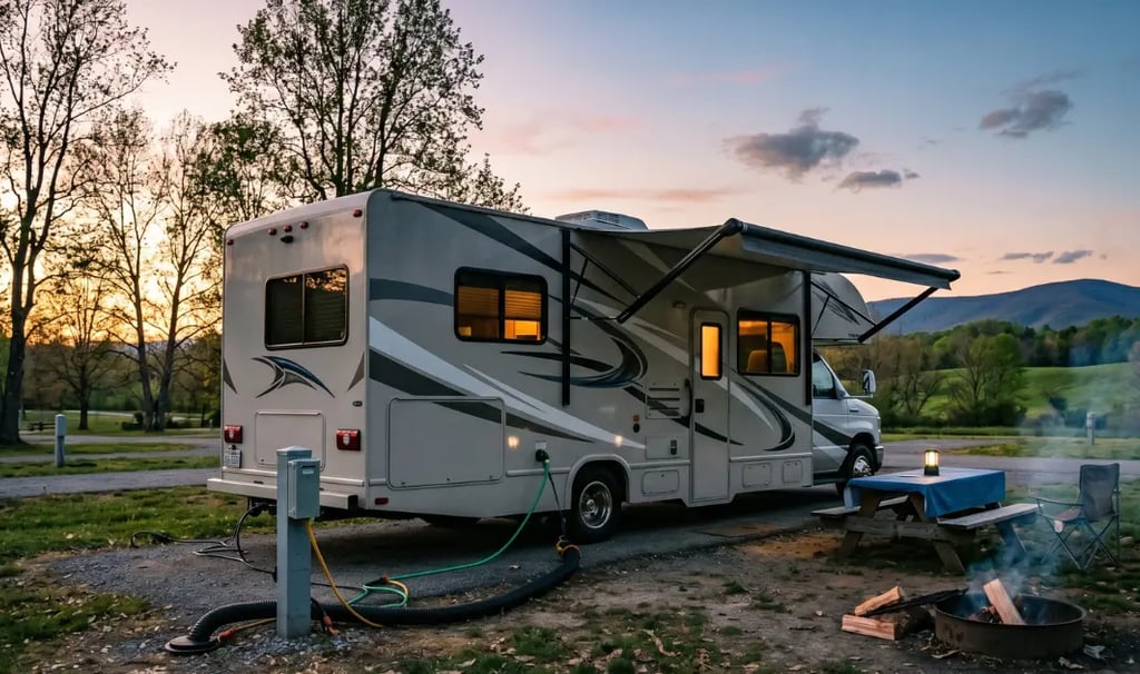 Class C motorhome hooked up at an RV park campsite at sunset on a road trip — Horacio & Visconti