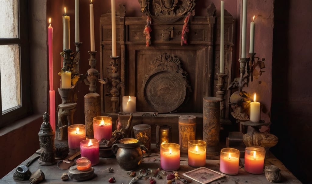 una mesa con velas y velas encima