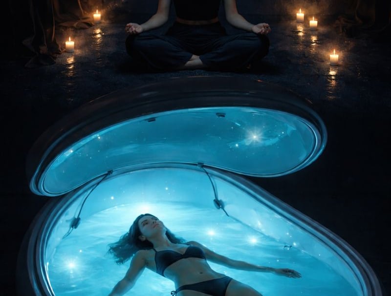 человек расслабленно лежит во флоатинг-ванне, вокруг темнота, а на заднем планe звёздное небо.