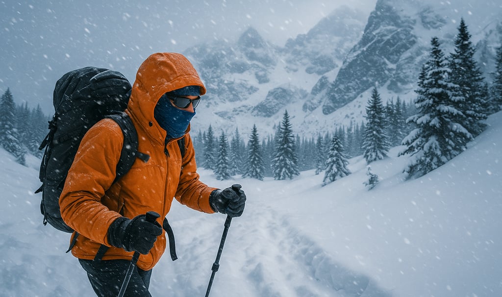 Winter backpacker trekking through snow-covered mountains in bright gear, showcasing cold weather survival and navigation