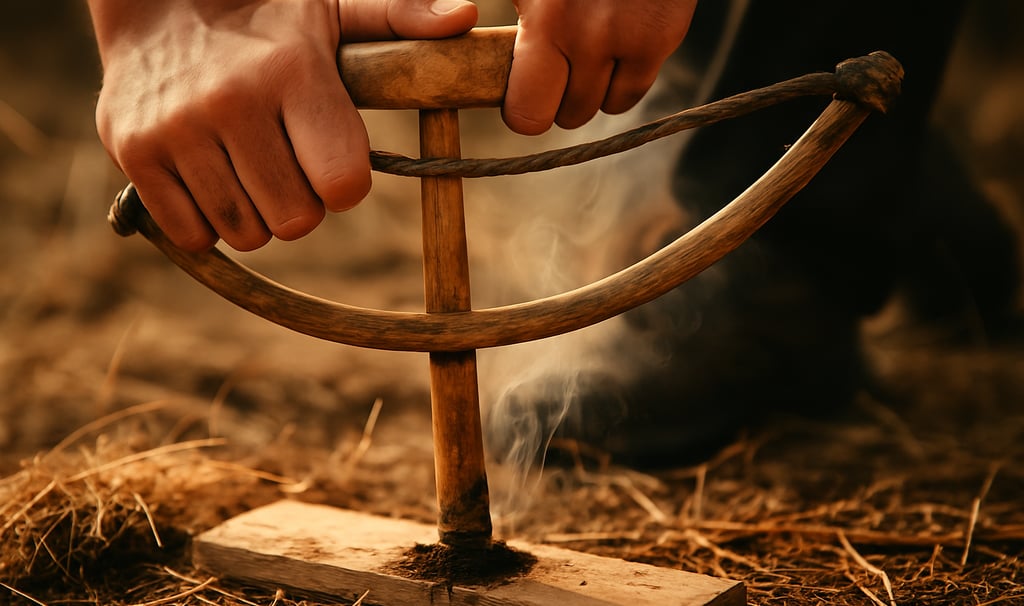 Hands using bow drill to start fire, friction-based firestarting and primitive skills