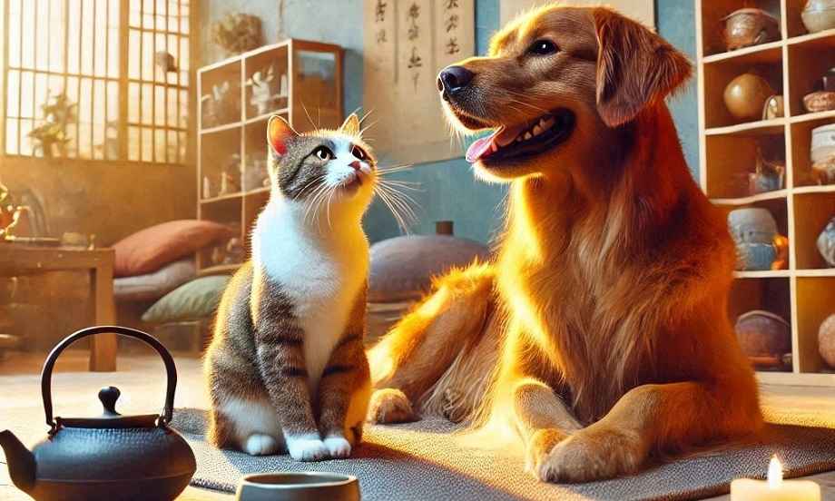 A cat and dog relaxing in a Feng Shui-inspired room, designed to create a cozy, balanced, and energetic living space.