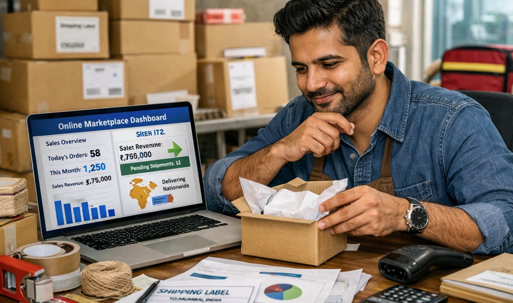 Small business owner tracking e-commerce sales on an online marketplace dashboard while packing an order.