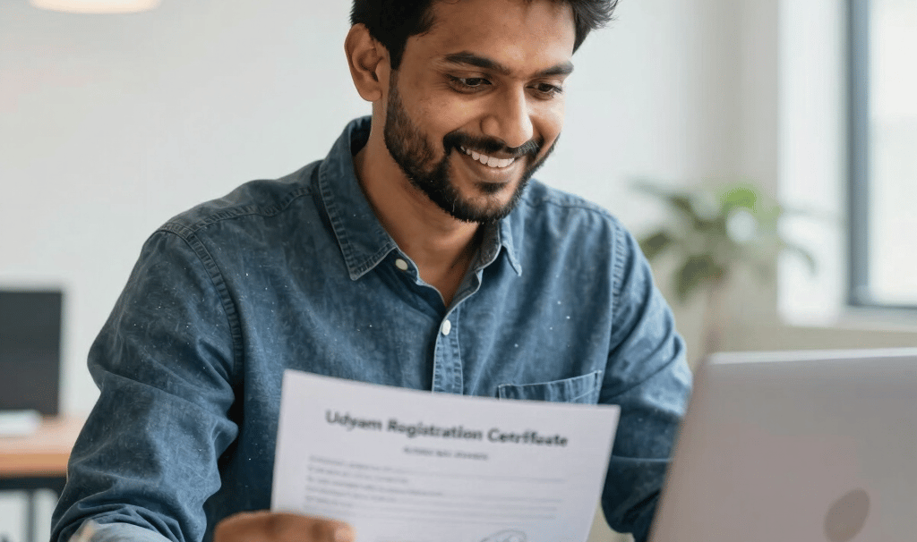 A smiling man holding his Udyam Registration Certificate while working on a laptop in an office.