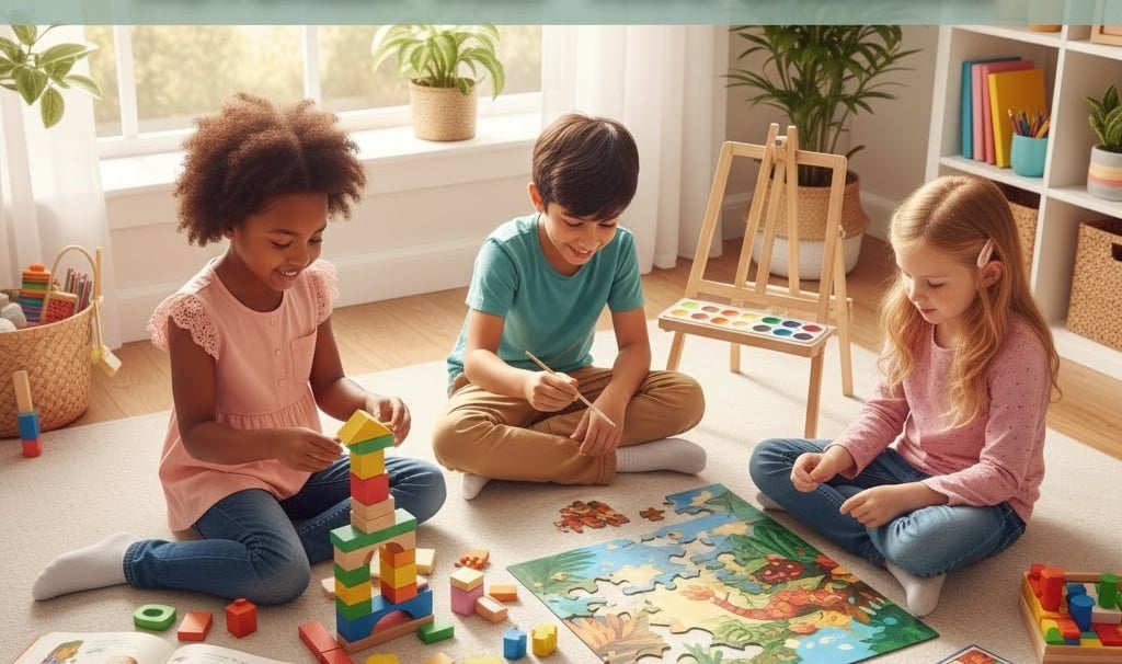 A bright and cheerful scene of diverse young children sitting at a wooden table, deeply engaged.