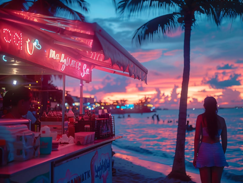 Tropische Strandbar bei Sonnenuntergang mit Neonlichtern, Palmen und Meereswellen in der goldenen