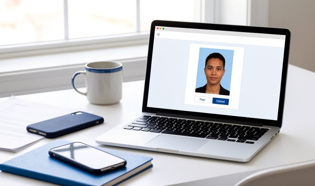 Person cropping a passport photo for online upload on a laptop