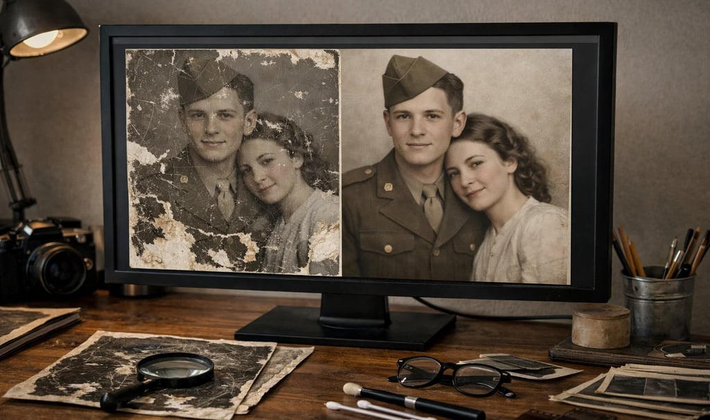 Professional vintage photo restoration of a damaged military portrait shown on a desktop monitor.