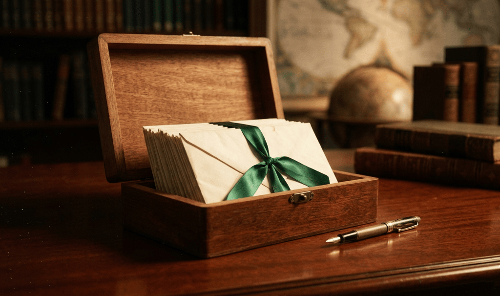 Vintage wooden box filled with old letters tied in green ribbon on a desk. Pisma iz srca