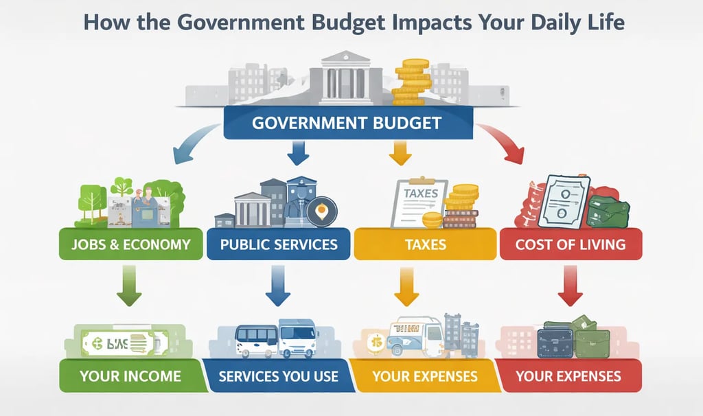 Flowchart showing how budget decisions flow down to individual citizen impacts