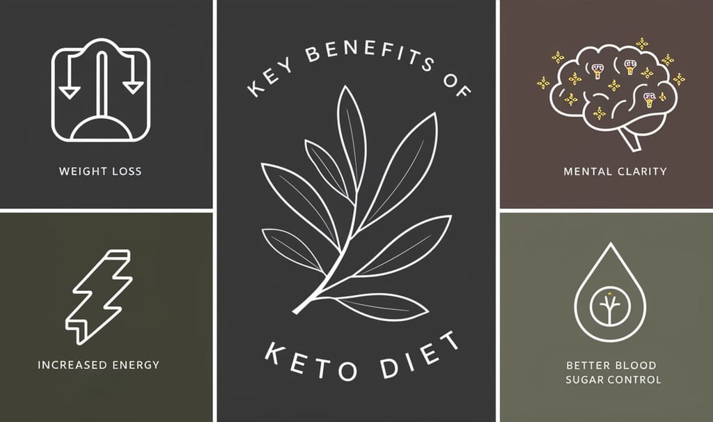 Infographic showing keto diet benefits: weight loss, mental clarity, increased energy, and blood sugar control.