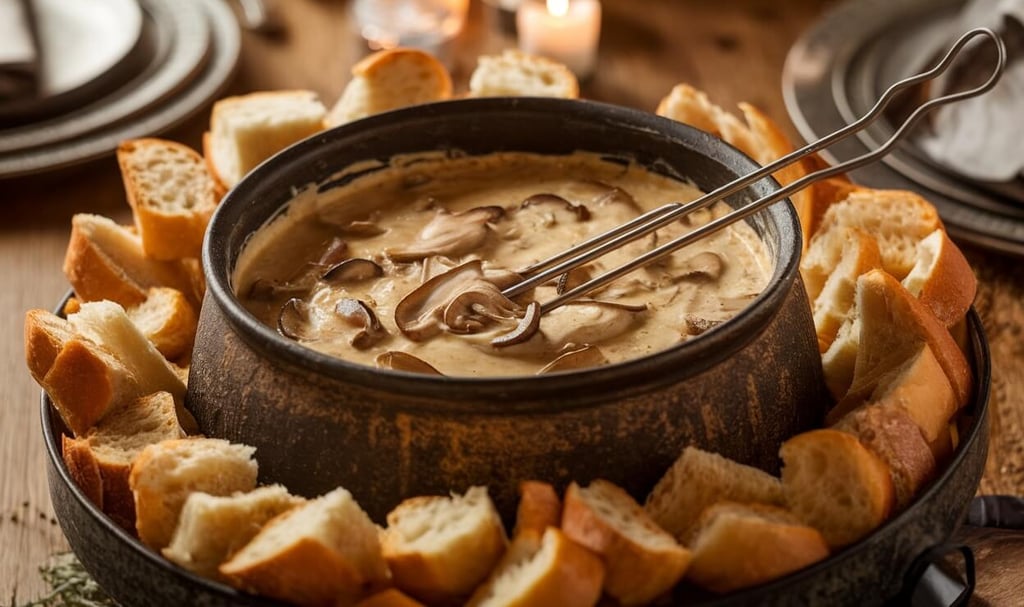mushroom fondue with pieces of bread