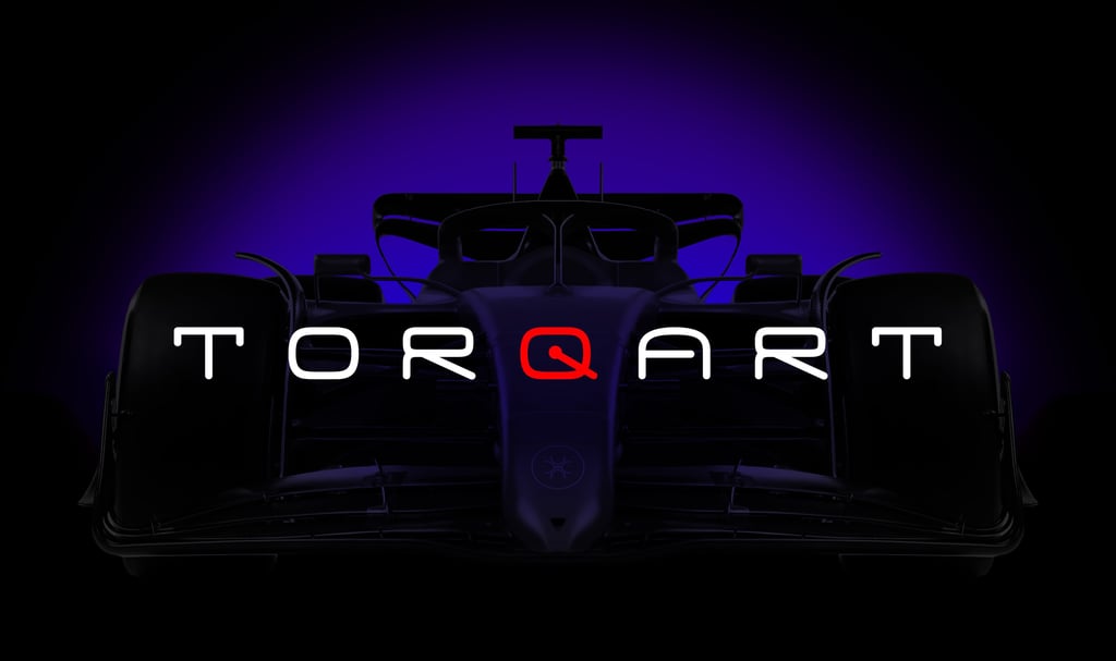 TORQART logo overlay on a dark Formula 1 racing car silhouette with purple backlight.
