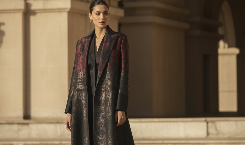 Elegant model wearing a luxury red and black brocade trench coat outdoors with classic architecture.
