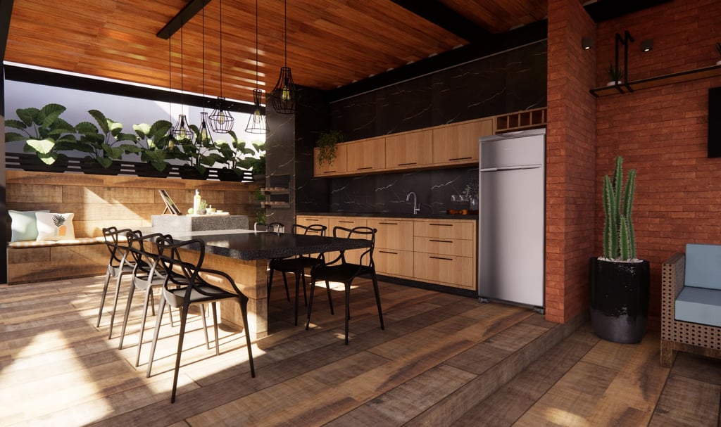 Espaçosa área de lazer com cozinha e jantar integrados, design em madeira clara, detalhes em preto,