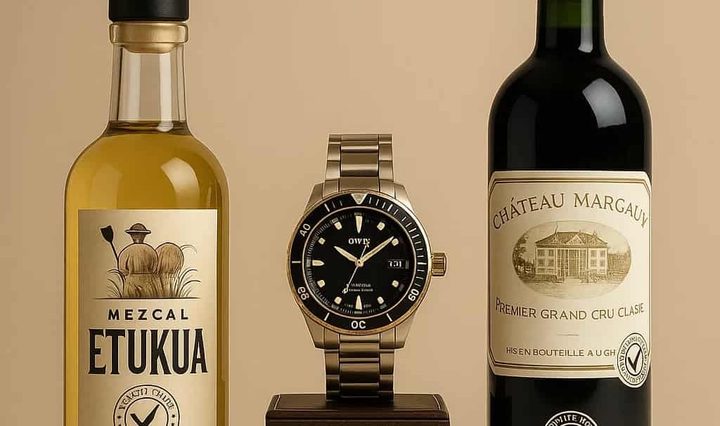 Comparación visual entre mezcal Etukua, reloj suizo y vino premium como ejemplos de autenticidad en 